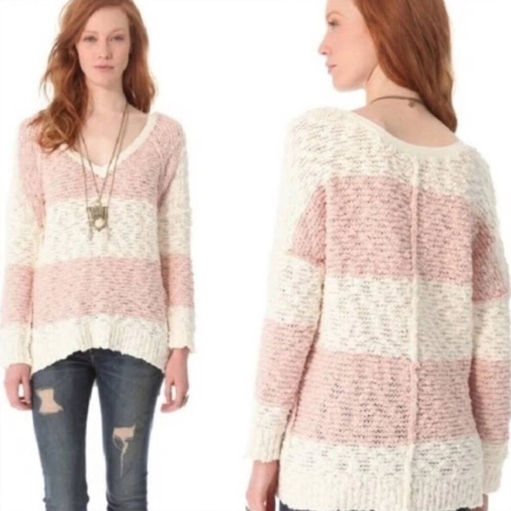Free People Pink and White V-Neck Sweater